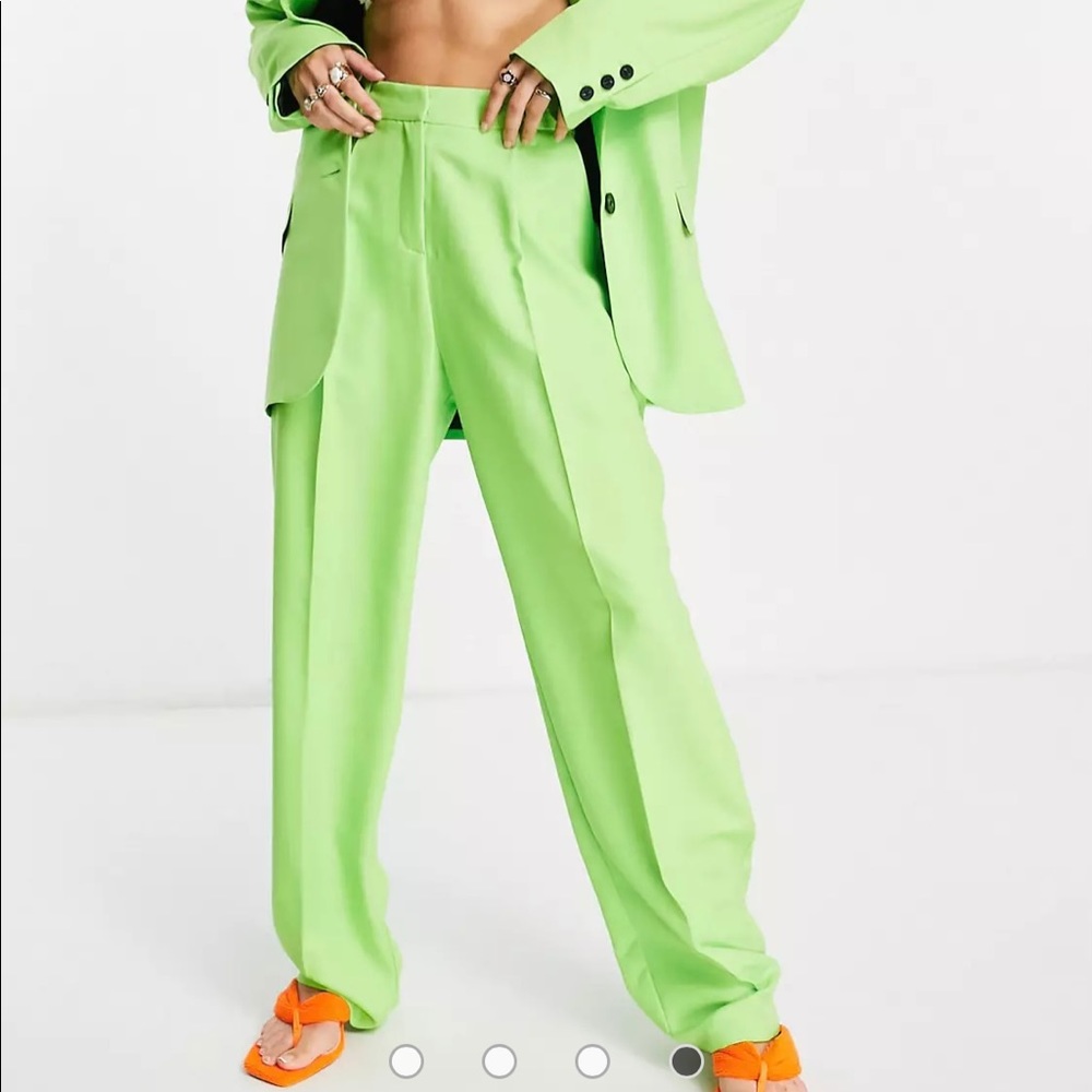 Topshop neon green straight leg trousers.
